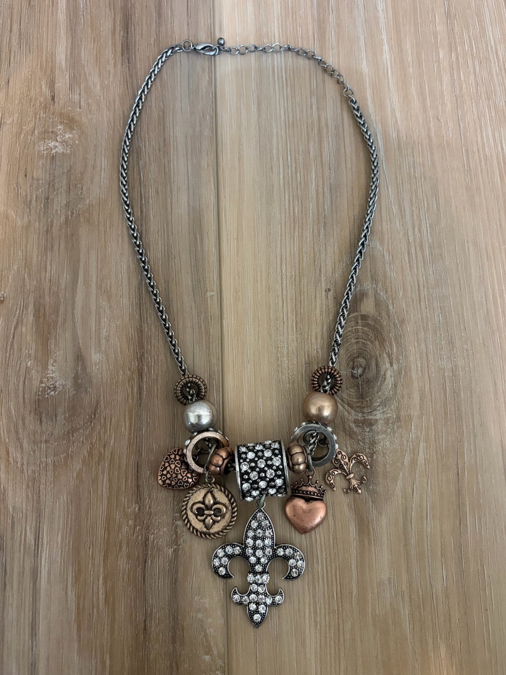 Vintage Multi Charm Fleur De Lis Mixed Metal Statement Necklace